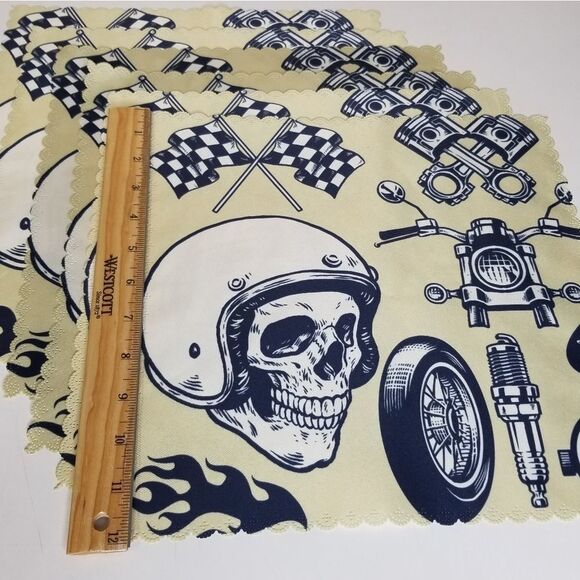 MOTORCYCLE Race Skull Helmet Scalloped Edge Fabric Table Napkins Set of 6 - Picture 5 of 8
